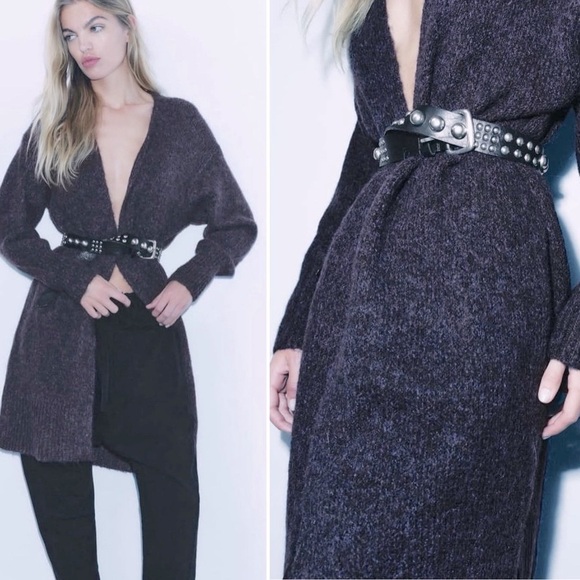 ZARA COZY CHUNKY LONG OPEN CARDIGAN MIDNIGHT MARLED BLUE SIZE XS/S - Picture 1 of 13